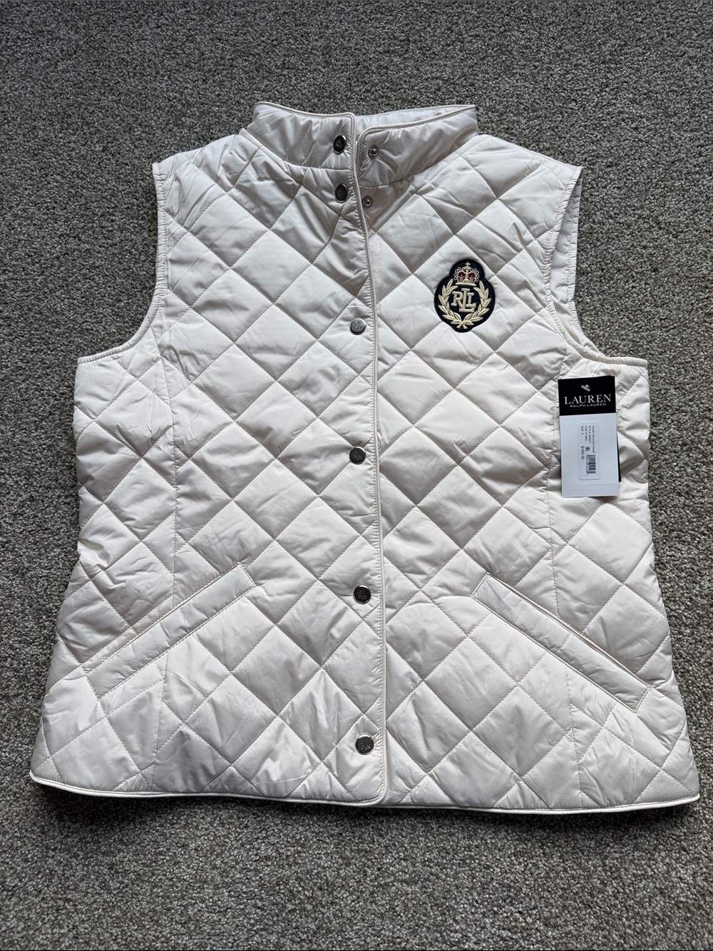 NWT, Women’s, Ralph Lauren Light Cream Quilted Snap-Front Vest with Crest, S